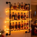 32" Wine Rack Wall Mounted with LED Lights, 3-Tiers Wall Bar Shelves | Solid Wood, Rustic Industrial Pipe Floating Shelves for Home, Restaurant, Commercial Bar, Kitchen Storage Display