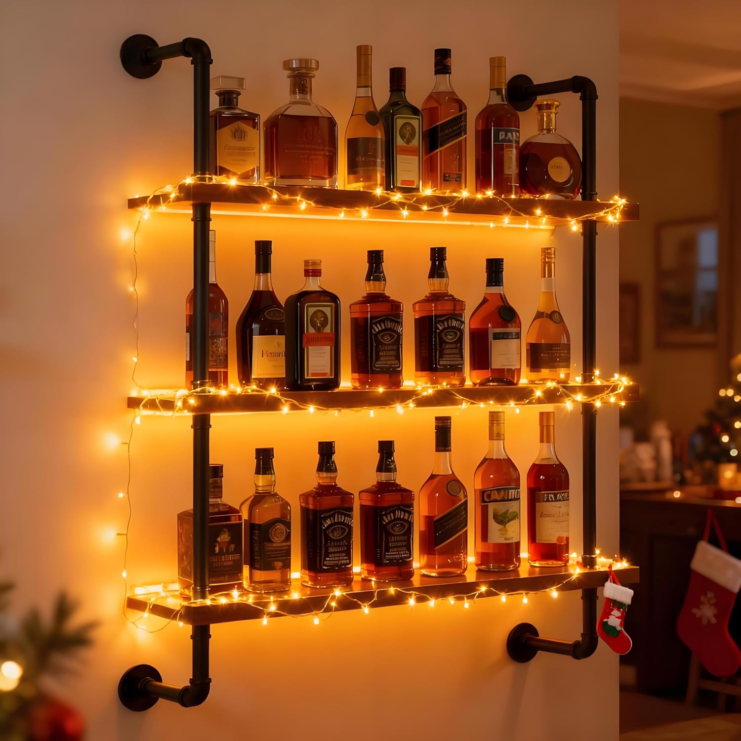 32" Wine Rack Wall Mounted with LED Lights, 3-Tiers Wall Bar Shelves | Solid Wood, Rustic Industrial Pipe Floating Shelves for Home, Restaurant, Commercial Bar, Kitchen Storage Display