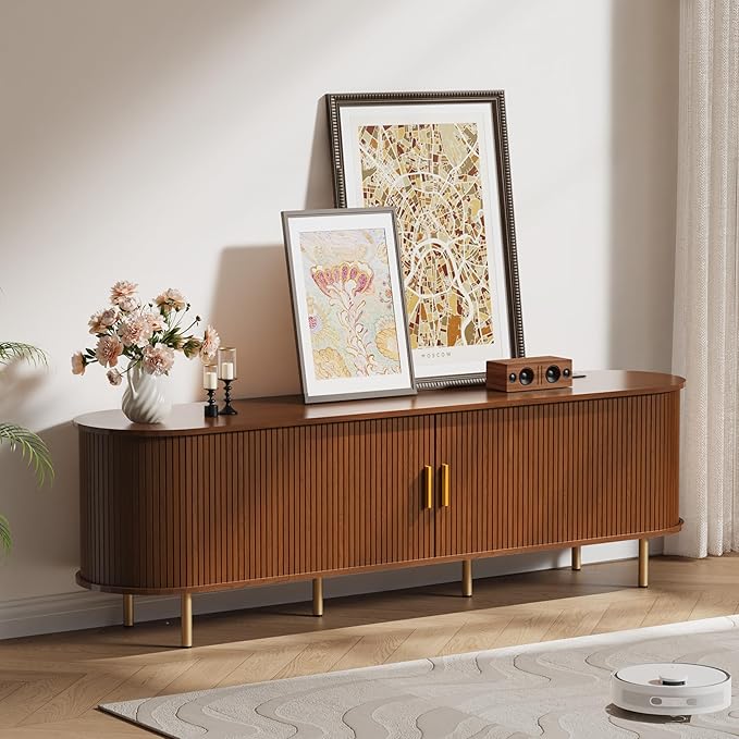 DHH 70.8 Inch Mid Century Modern TV Stand with Power Outlet for TVs up to 80 Inch, Entertainment Center with Storage and Adjustable Shelves, Media Console with Sliding Doors for Living Room(Walnut)