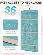 BAGSMART Hanging Jewelry Organizer, Necklace Holder Anti-tangle Earrings Rings Hanger with 20 Jewelry Bags Travel Storage Roll with Pockets Hang on Closet, Wall, Door,1 Piece, Large, Teal