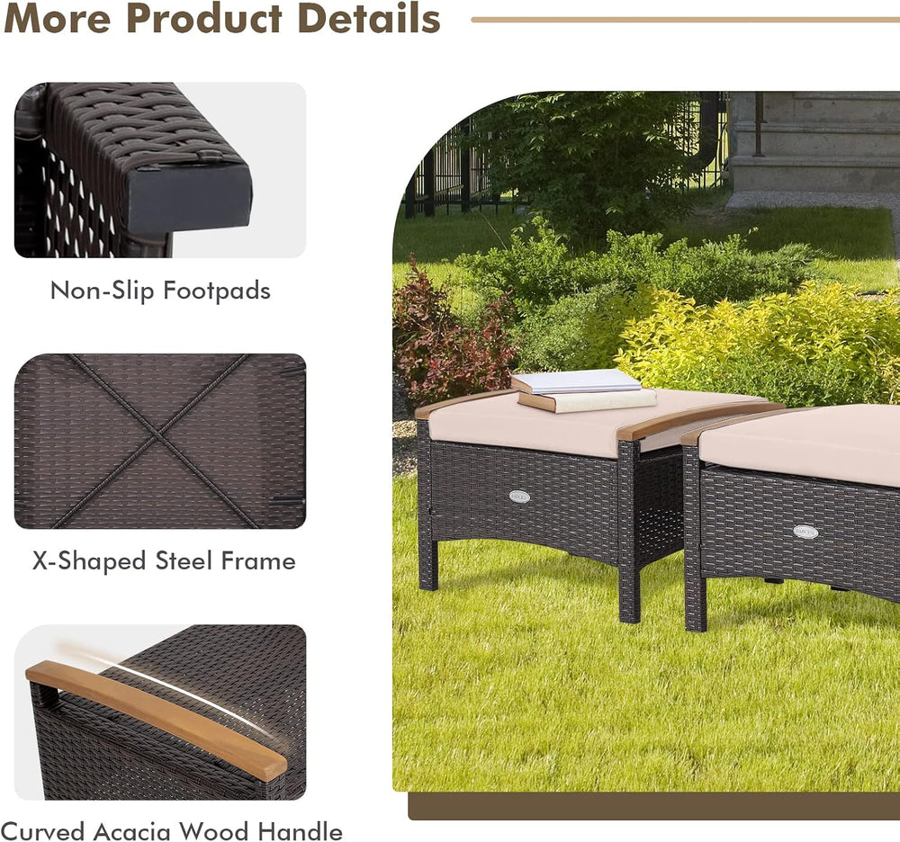 Tangkula 2 Piece Patio Rattan Ottomans, Outdoor Wicker Footstool w/Acacia Woo...