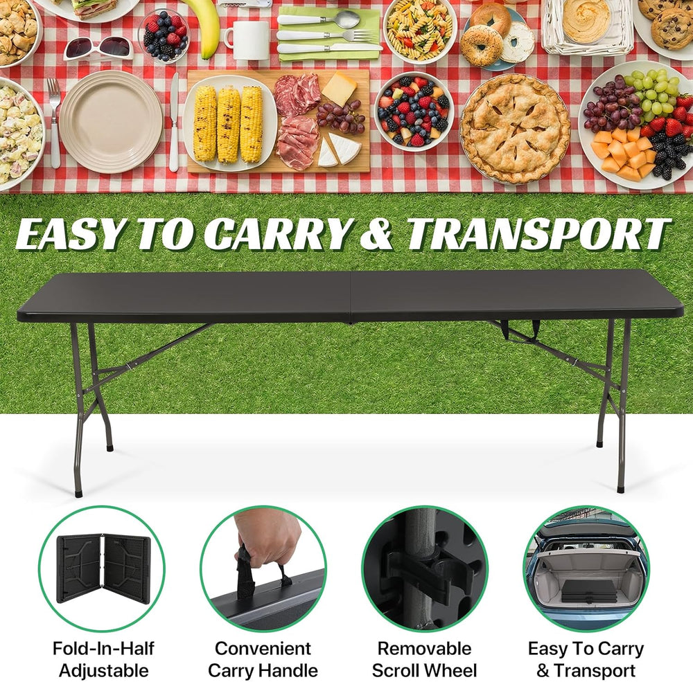 8Ft Folding Table Plastic Portable with Built in Handle & Steel Legs Blac...