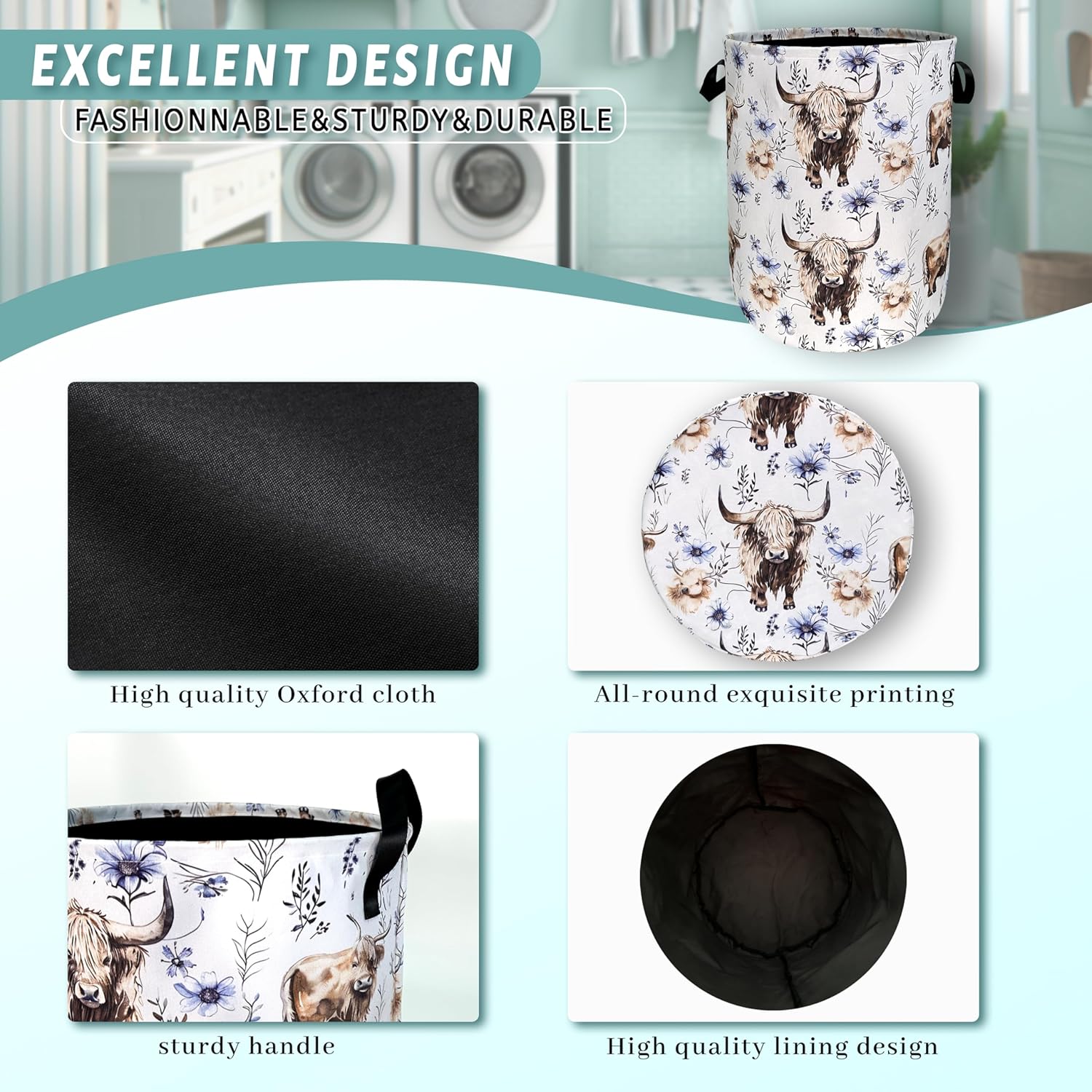 Watercolor Highland Cow Laundry Hamper With Handles Foldable Oxford Cloth Purple Flower Tote Bag Cows Laundry Basket Clothes Toy Storage Bucket 18.9" x 16.5"For Bathroom/Laundry/Bedroom