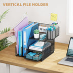 Marbrasse Desk Organizer and Accessories, 3-Tier File Organizer with Drawer and Pen Holder, Small Desktop Organizer and Storage for Workspace Office Supplies Black