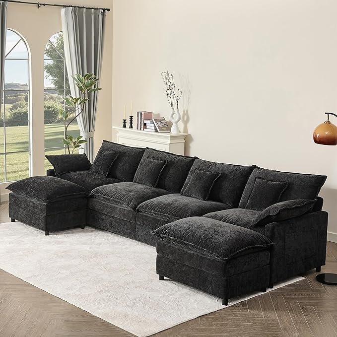 142.5" U Shaped Couch, Modular Sectional Sofa, 3-Seater Comfy Cloud Couch, Set of Modular Pieces with Movable Ottoman, Deep Seat Couches for Living Room, Chenille, Black