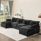 142.5" U Shaped Couch, Modular Sectional Sofa, 3-Seater Comfy Cloud Couch, Set of Modular Pieces with Movable Ottoman, Deep Seat Couches for Living Room, Chenille, Black