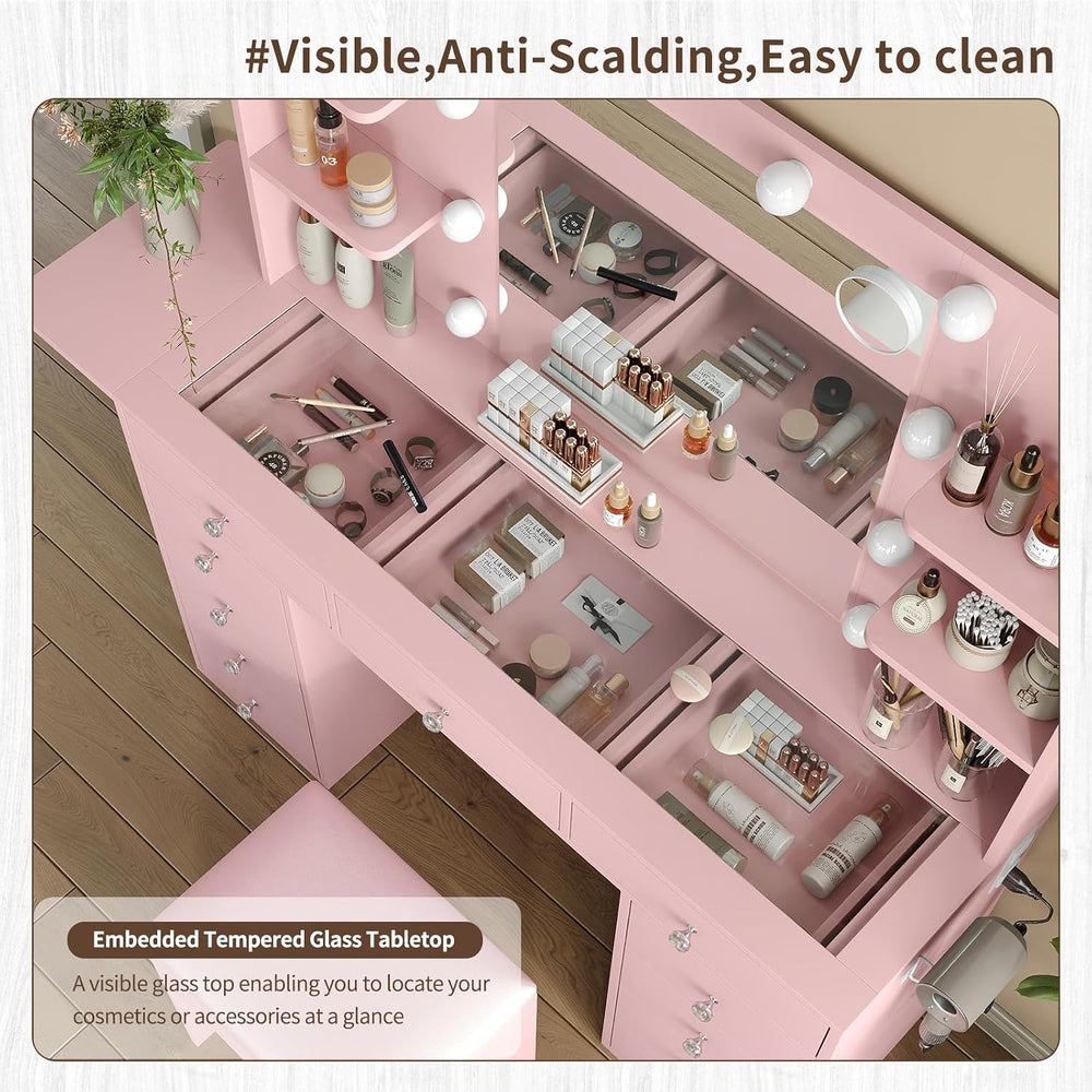FUSOU Vanity Desk with Power Outlet, 11 Drawers Makeup Vanity with Lighted Mi...