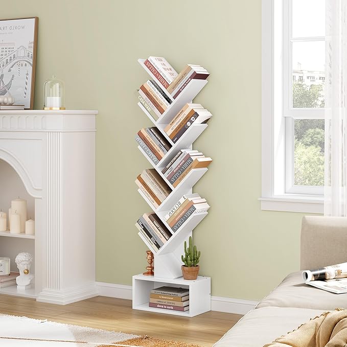 Hoctieon 9 Tier Tree Bookshelf, Tall Bookcase with Drawer, Wood Book Shelf, M...