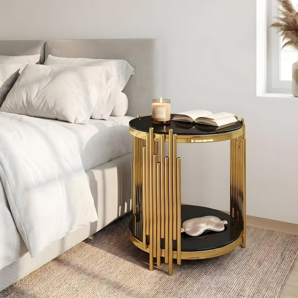 Modern End Table with Black Glass Top,Oval End Tables with Gold Legs,Living R...