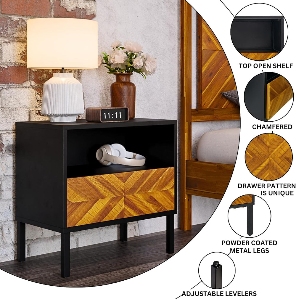 Bme Vivian Solid Wood Nightstand, End Table, Bedside Table with Herringbone P...