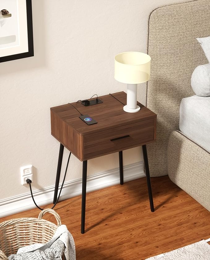 HAIOOU Set of 2 Mid Century Nightstand with Charging Station, End Table Moder...