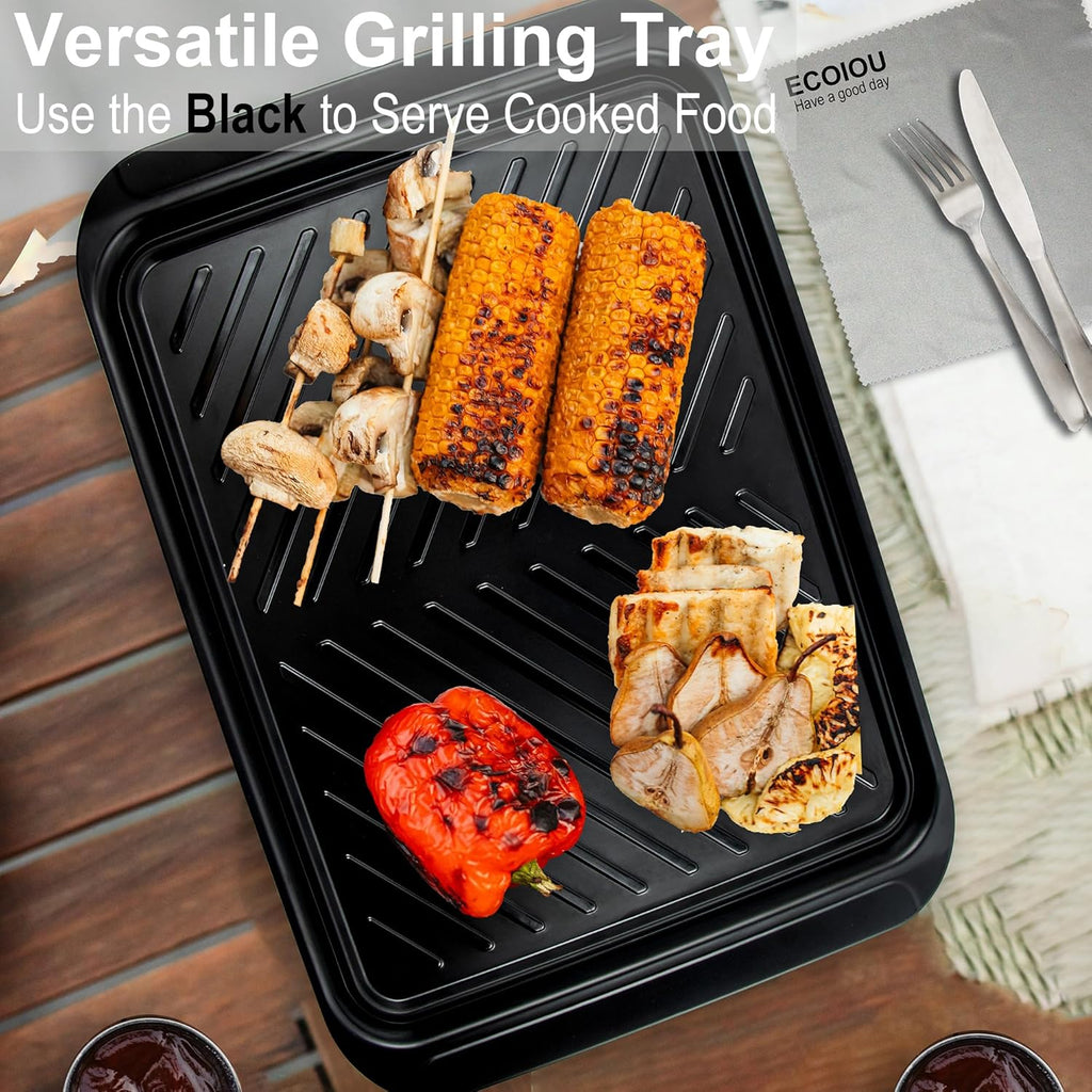 Grilling Prep and Serving Tray with Lid, Bamboo BBQ Deep Trays for Marinating Raw and Cooked Food, Melamine Serving Trays for Food, Black and Red