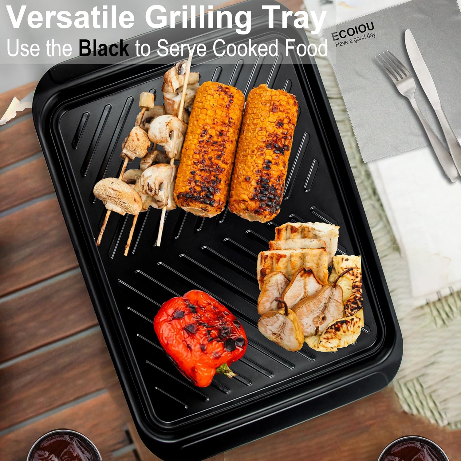 Grilling Prep and Serving Tray with Lid, Bamboo BBQ Deep Trays for Marinating Raw and Cooked Food, Melamine Serving Trays for Food, Black and Red