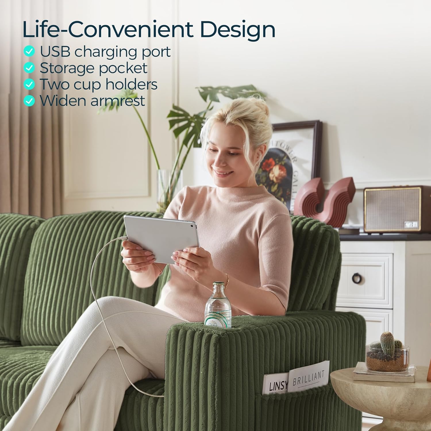 LINSY HOME Sectional Sleeper Sofa Pull Out Couches for Living Room (Green, Sleeper Sofa 1) | Pull Out Sofa Bed, Storage, USB Charging, Cup Holders, Plush Corduroy