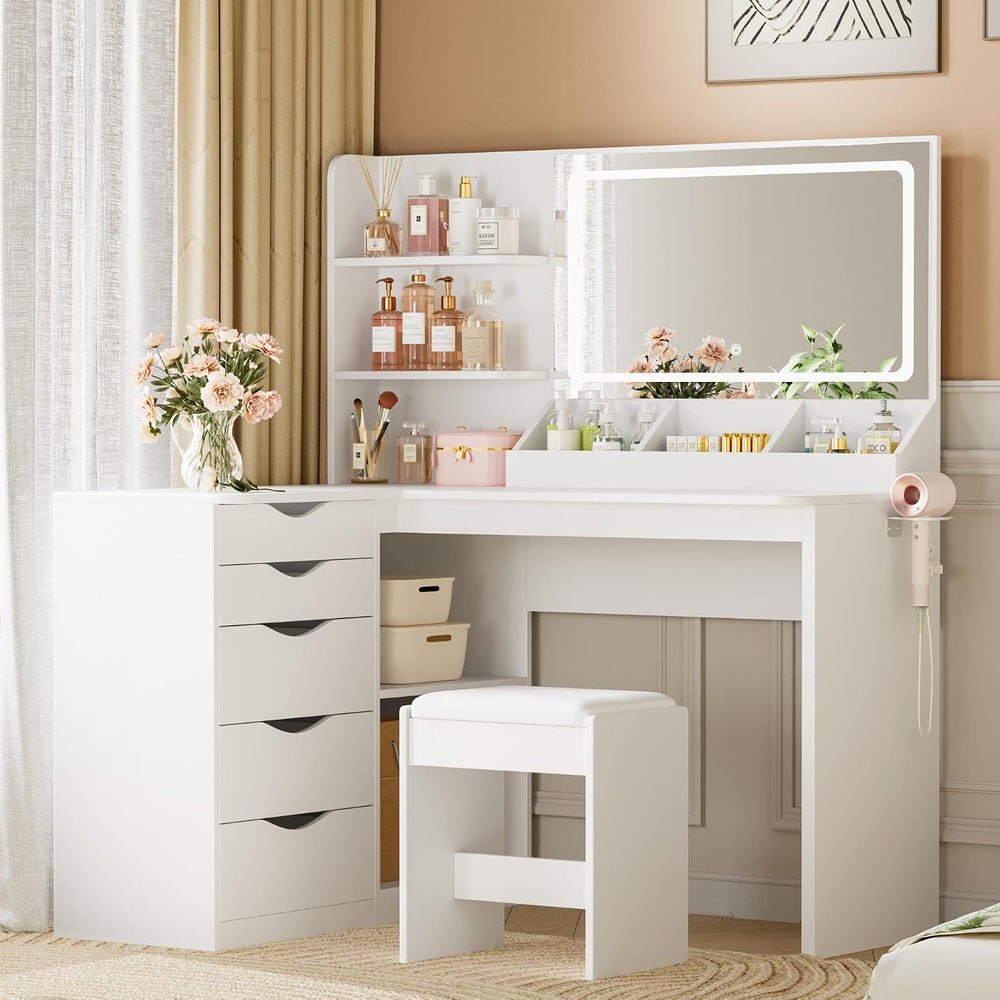 JUMMICO Makeup Vanity Desk with Mirror and Lights, L- Shaped Vanity, White | ...