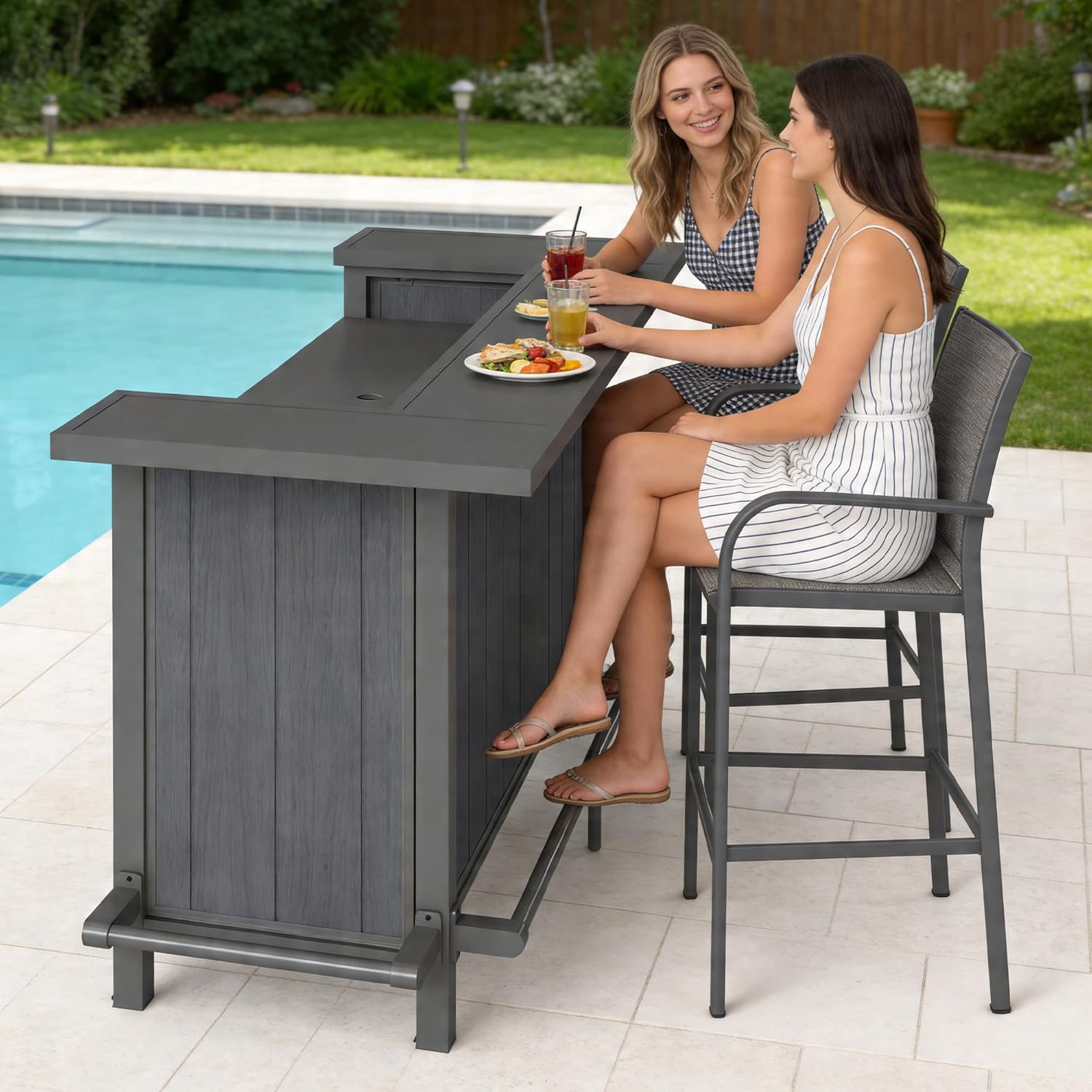 Domi Patio Bar Table, Outdoor Aluminum Bar Height Table with Cabinet, All Weather Use Storage Patio Cart for Patio Kitchen or Bar Cart, Black Grey