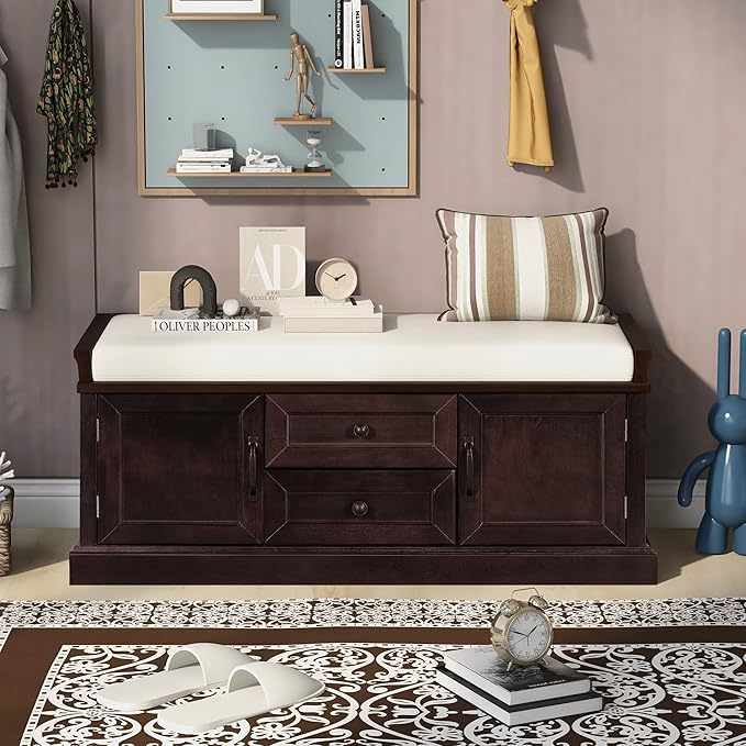 42″ Storage Bench with 2 Drawers and 2 Cabinets，Multipurpose Entryway Shoe Rack W/Removable Cushion，for Living Room Hallway Porch,Espresso