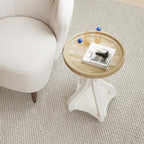 Accent Wood Farmhouse End Table, Round Side Tables, Nightstand Natural Tray Top and Distressed Carved Legs for Bedroom Living Room, White