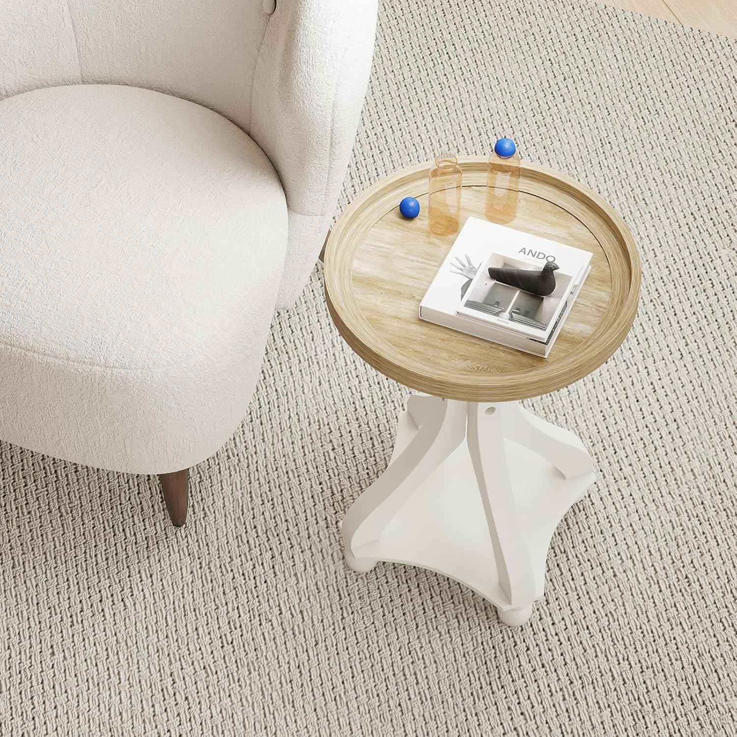 Accent Wood Farmhouse End Table, Round Side Tables, Nightstand Natural Tray Top and Distressed Carved Legs for Bedroom Living Room, White