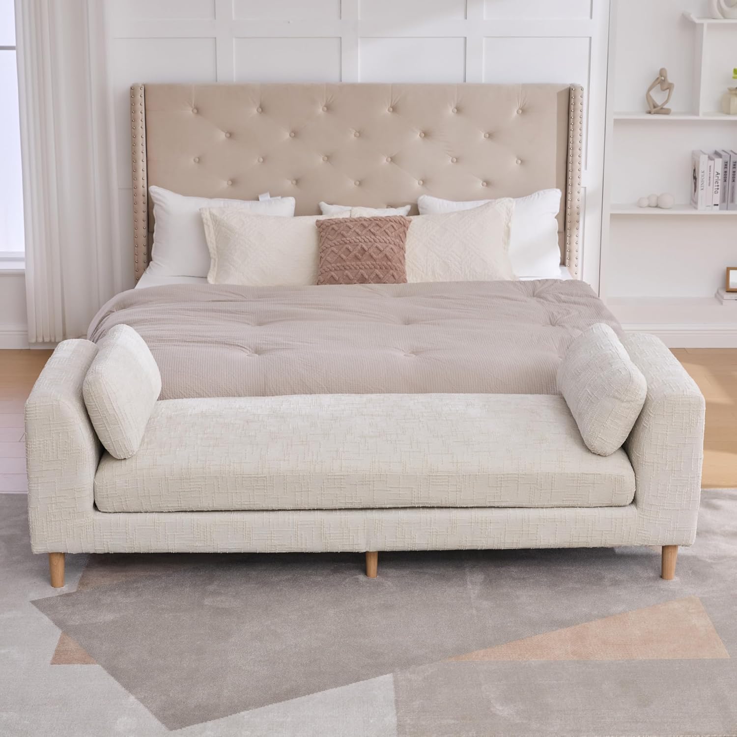 Aoiy & Wifon 83.1" W End of Bed Bench King Size, Oversized Window Bench Seat with Pillows & Rubberwood Legs for Bedroom/Living Room/Apartment, Polyester, Beige