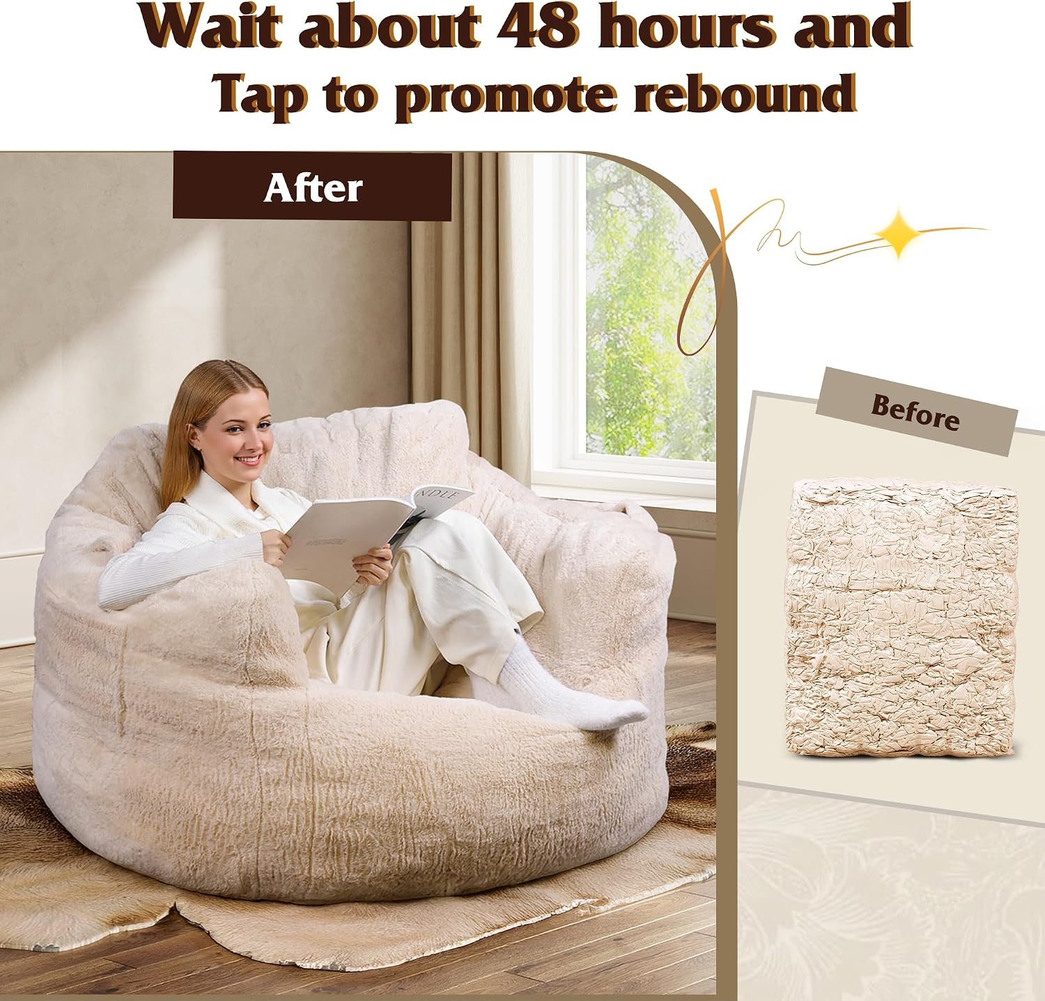 WLIVE 43'' Giant Bean Bag Chair, Bean Bag Sofa with Armrests for Adults, Bean Bag Couch with High-Density Memory Foam for Livingroom, Bedroom, Beige