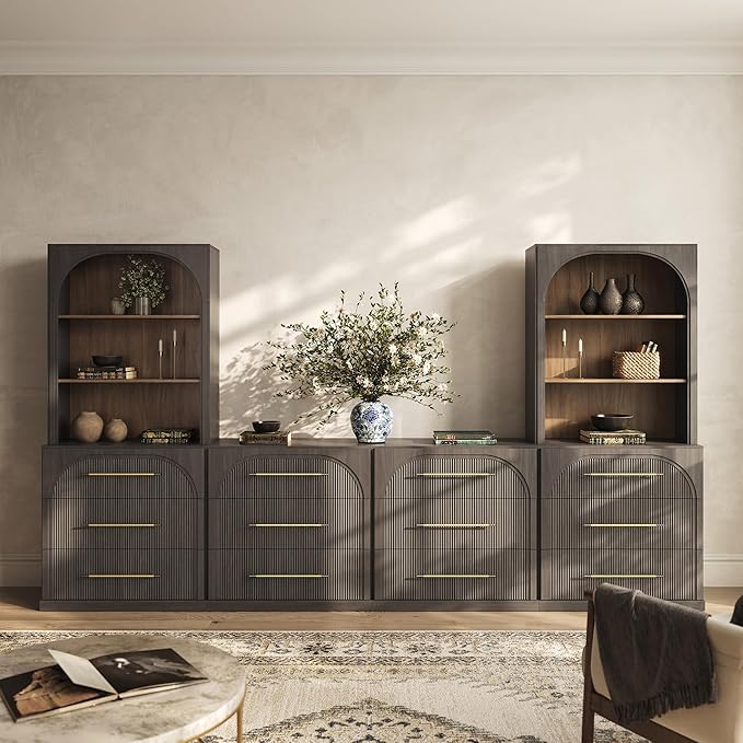 BELLEZE 6-Piece Modular TV Stand Set - 4 Sideboards with Drawers and 2 Storage Hutch, Classic Modern Media Console Table Cabinet for Living Room (Ebony)