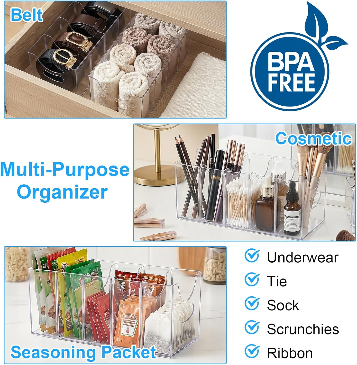 Kifmurase 2PCS Belts Organizer Acrylic Belt Storage Holder Purse Organizer for Closet with Removable Dividers, 5 Compartments Clear Belt Drawer Display and Storage Case for Ties Socks Underwear