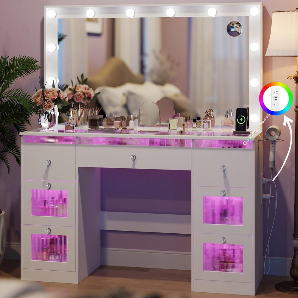 Glass Top Vanity Desk, Makeup Vanity Desk White Dressing Table 36.9" Mir...