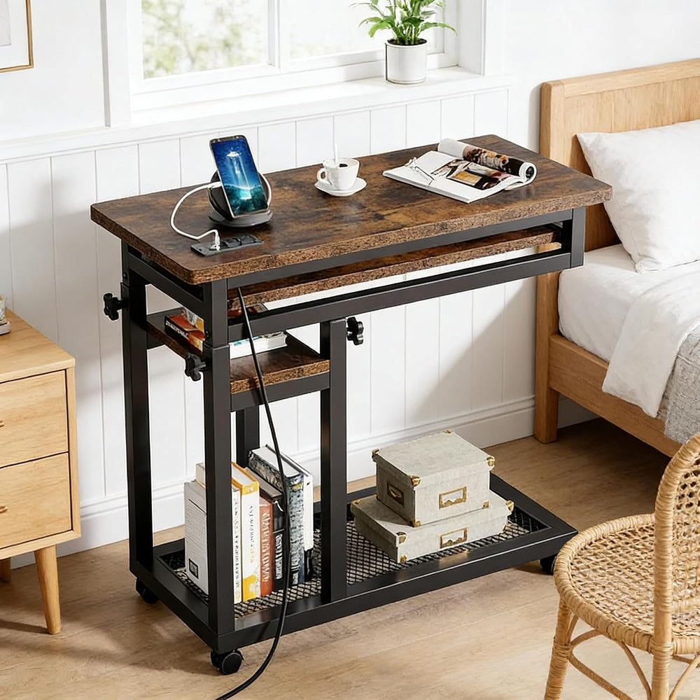 Side Table with Wheels, Mobile C Table,Narrow Desk,Convenient Charging Station