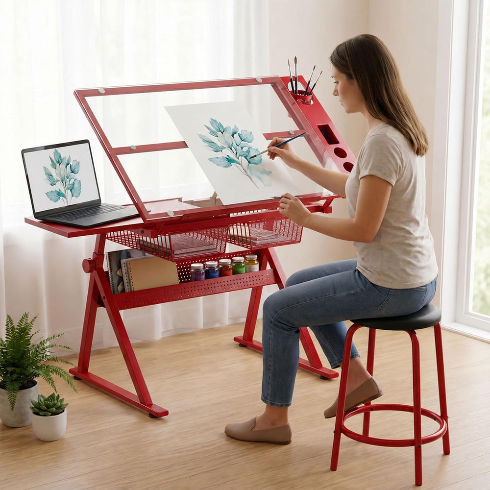 Adjustable Drafting Table with Chair, Tempered Glass Art Desk with 0-75° Tilt...