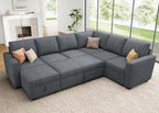 HONBAY Modular Sectional Couch with Pull Out Bed, Chenille Sleeper Sofa with Storage Seats Ottoman, U Shaped Sectional Couches for Living Room, Bluish Grey