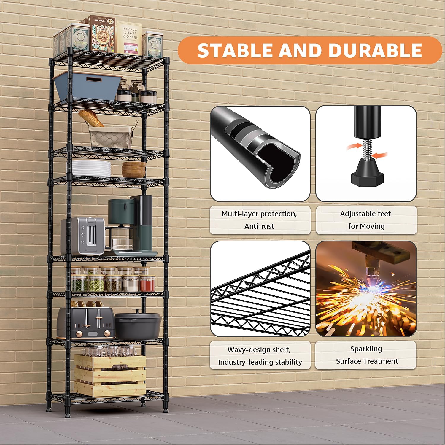8 Tier 2000 lbs Storage Rack Metal Wire Shelving Unit, Storage Standing Shelf Organizer for Laundry Bathroom Kitchen Pantry Closet Garage Basement Utility Room, Black 13.8" D x 23.6" W x 79.5" H