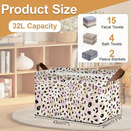32L Large Storage Bins with Handles, Basket Organizer for Shelves, Closet, Books, Laundry & Home Decor (Pink Leopard Print)