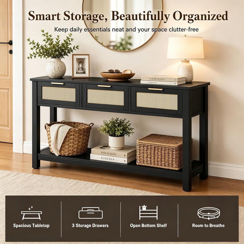 Luoxiao Rattan Console Table 3-Drawer 47" Narrow Black Entryway Sofa Tab...