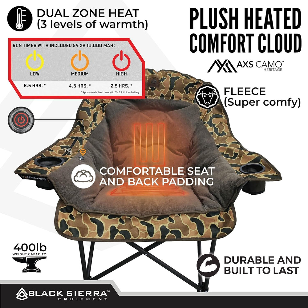 Black Sierra Heated Plush Fleece XL Padded Camping Chair for Adults, Oversize...