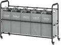 Tajsoon Laundry Sorter, Laundry Hamper 5 Section with Heavy Duty Rolling Lockable Wheels, Laundry Basket Organizer with Removable Bags for Dirty Clothes Storage, Grey