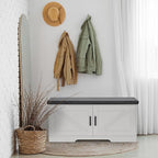 2-Tier Storage Bench, Shoe Bench with Padded Seat Cushion, Entryway Bench with 2 Barn Doors, Adjustable Shelf, 13.8" D x 39.4" W x 17.7" H, for Entryway, Living Room, Bedroom, White