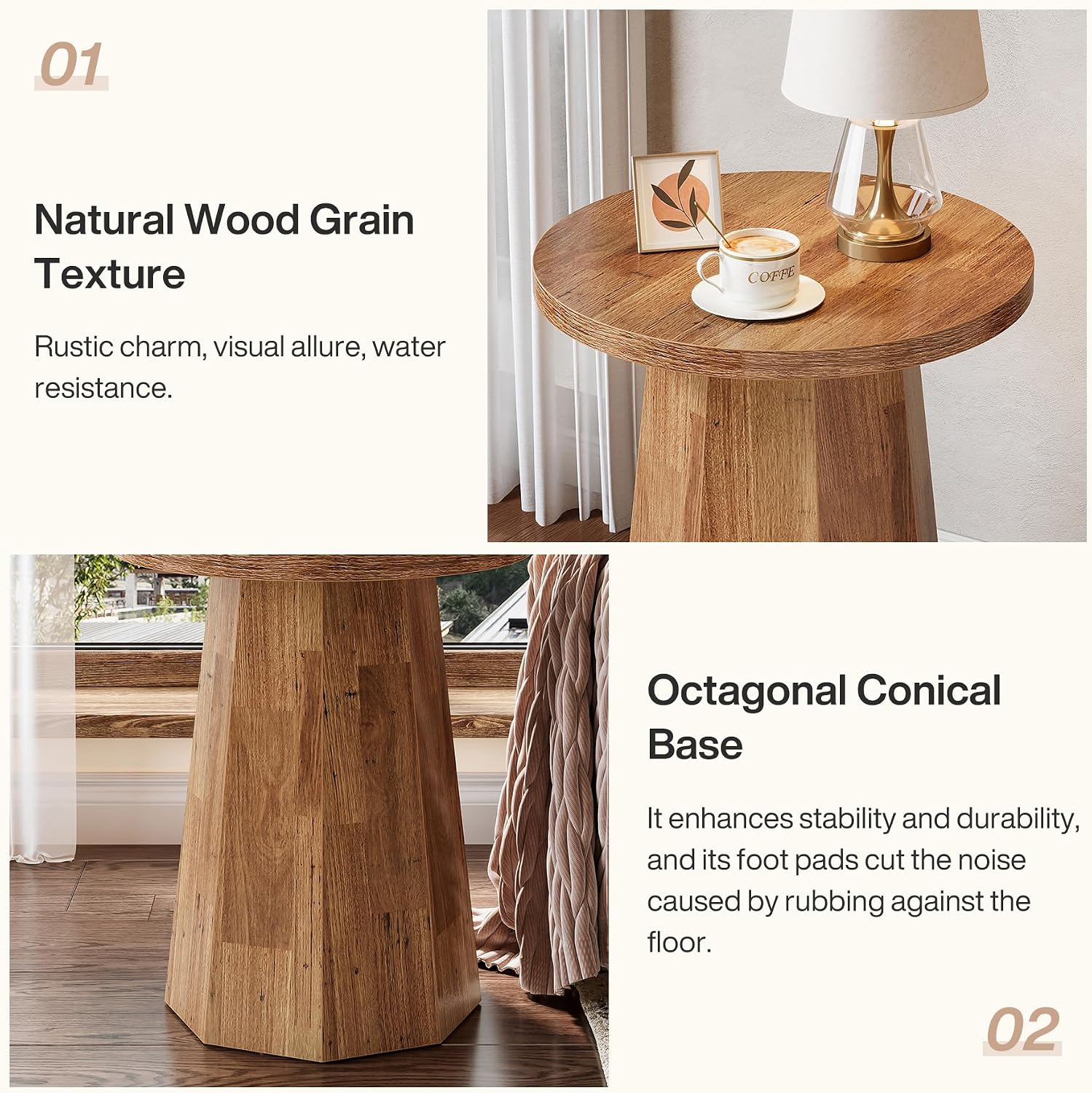 Tribesigns Round Pedestal End Table, Farmhouse Couch Side Table with Octagonal Base, Wooden Drink Stand Accent Nightstand(1, Walnut)