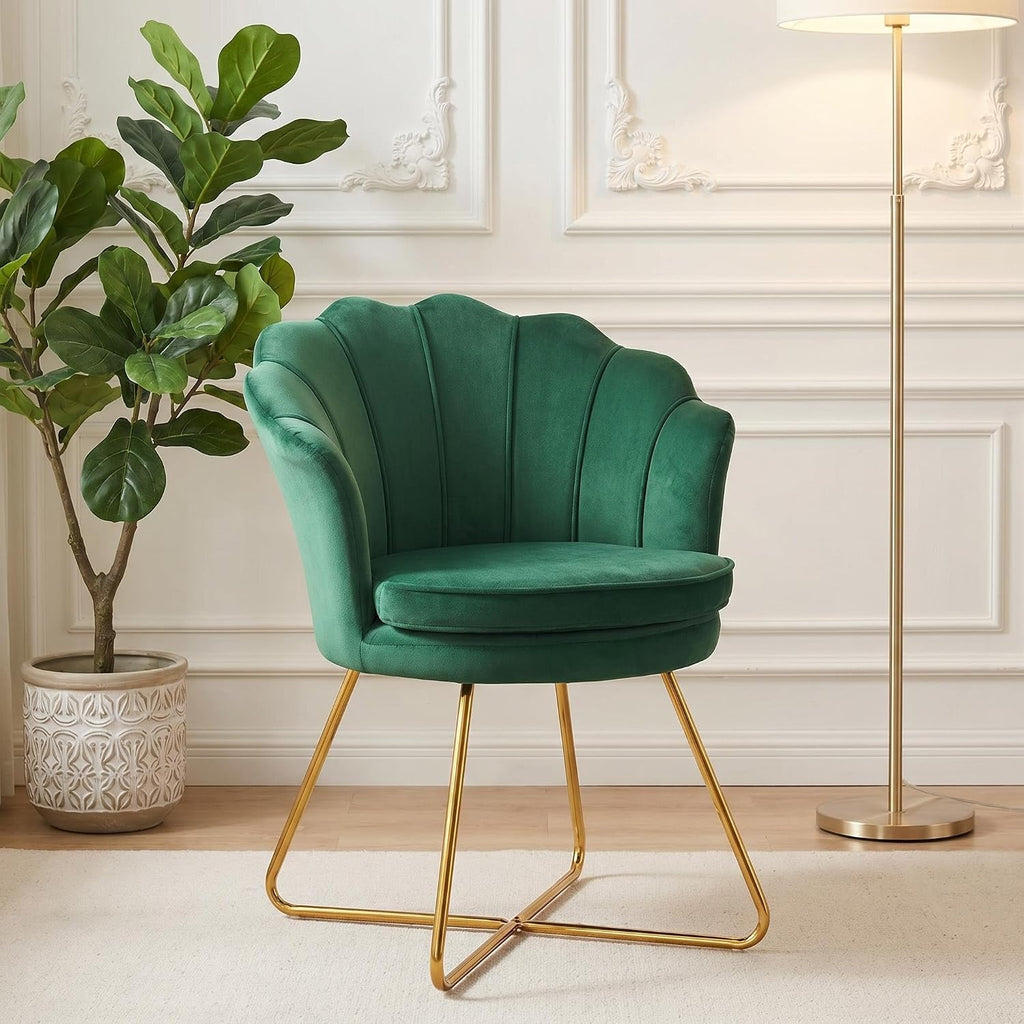 Furnimart Vanity Chair with Back, Shell Accent Chair for Living Room, Criss Cross Chair with Gold Legs, Makeup Chair for Bedroom Desk Chair no Wheels, Velvet Green