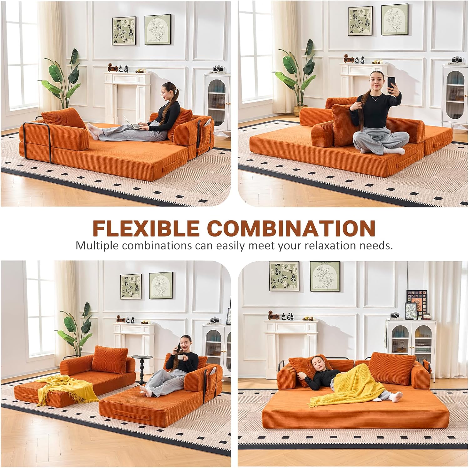 79" Convertible Sofa Bed, 5-in-1Boneless Couch for Living Room with 2 Pillows Corduroy Folding Sleeper Sofa Bed, Boneless Cloud Loveseat Futon Sofa Bed for Living Room Bedroom Lounge, Orange