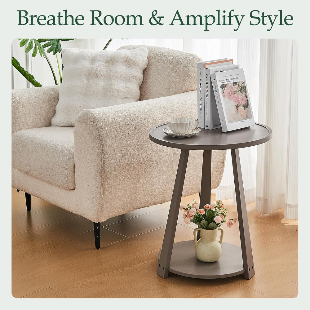 Solid Wood Round Side Table - Small Round Grey End Table, Wooden Modern Bedsi...