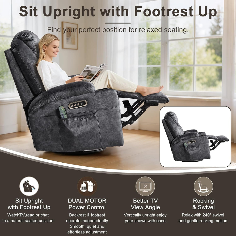 AHMED Dual Motor Power Swivel Rocker Recliner Chair, Velvet Grey | Electric G...