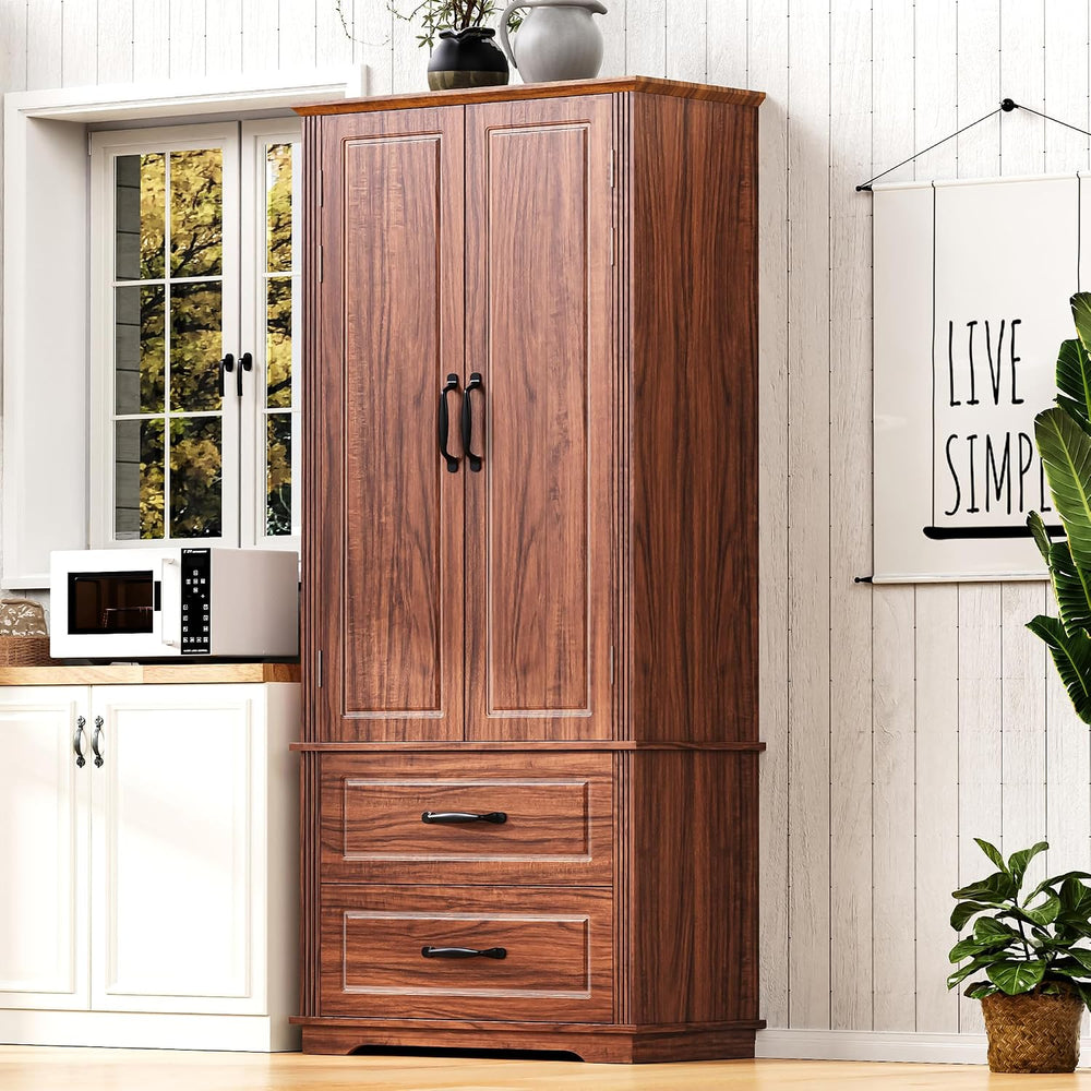 71" Kitchen Pantry with 2 Large Drawers,Embossed Texture Freestanding Cu...
