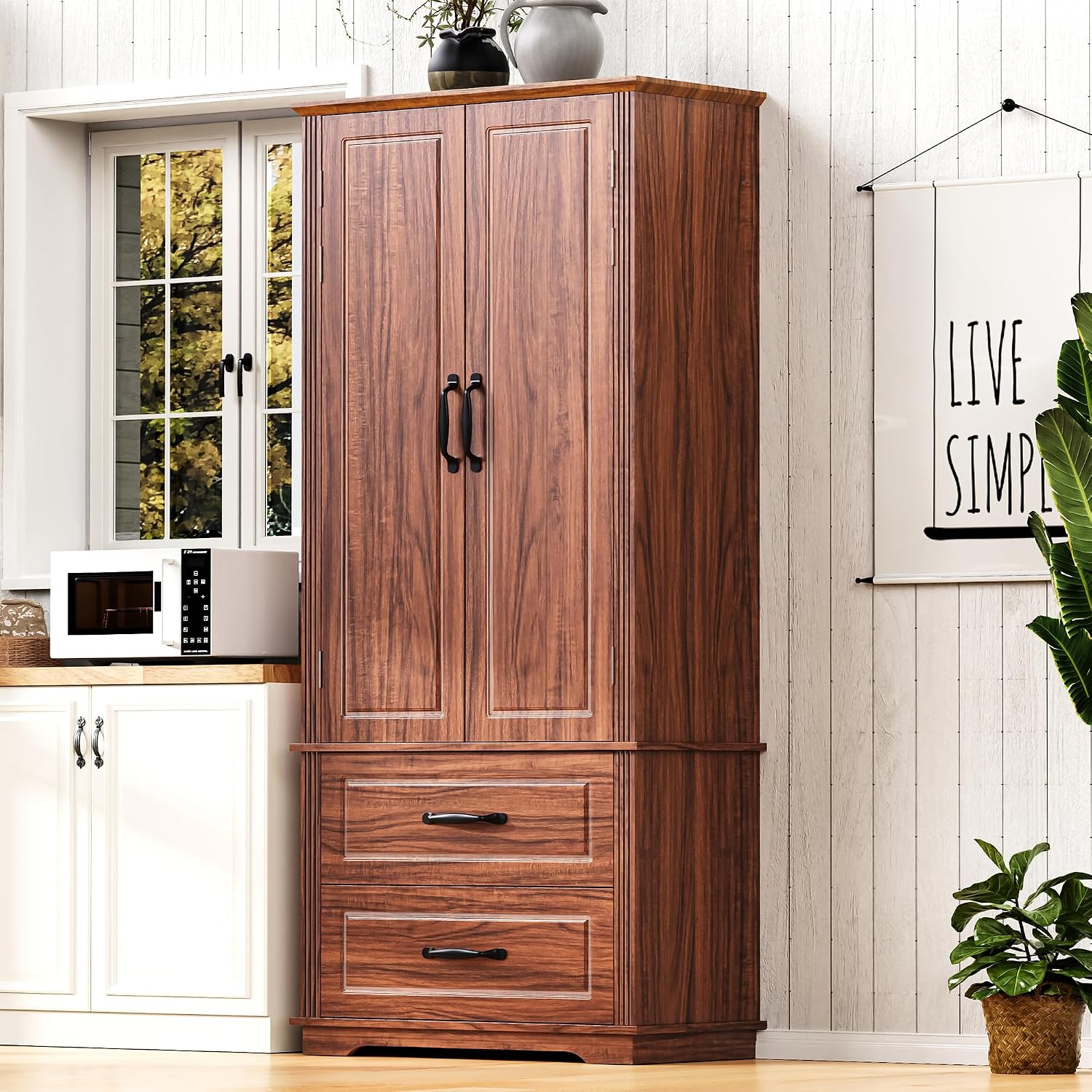 71" Kitchen Pantry with 2 Large Drawers,Embossed Texture Freestanding Cupboard with 8 Door Shelves and 3 Shelves,for Dining Room Living Room (Laundry Brown#i)