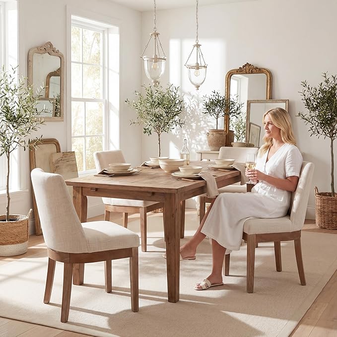 HNY Modern Dining Chairs Set of 6 with Comfortable Back Support, Farmhouse Soft Linen Upholstered Kitchen Dining Room Chairs with Solid Wood Legs, Armless Accent Side Chairs for Living Room, Beige
