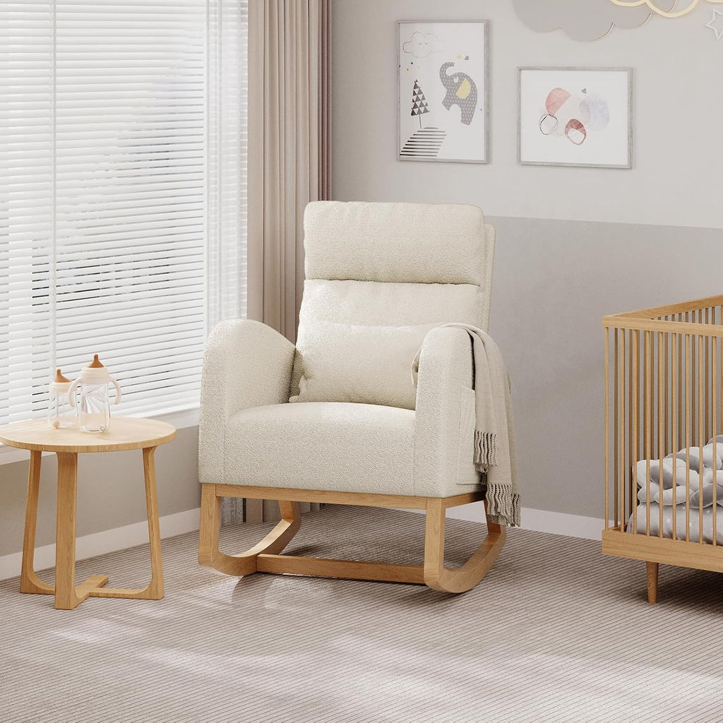 Garvee Rocking Chair, Teddy Fleece Glider Chair with Side Pockets, Nursery Chair with Pillow, Rocking Accent Armchair for Living Room Bedroom Nursing Room, White