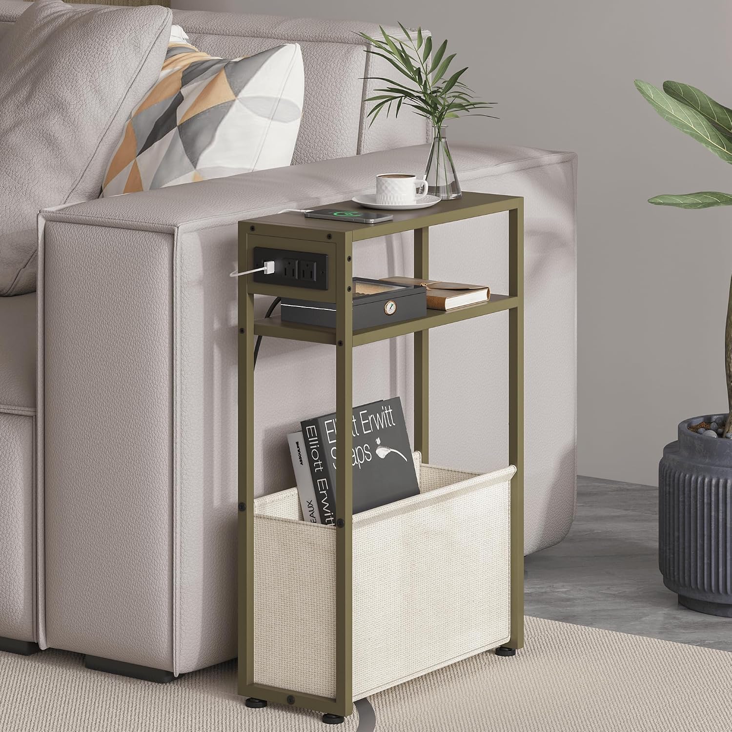 Leomonio Green Side Table with Charging Station, Slim End Tables with Linen Basket, Skinny Table for Small Spaces, Thin Bedside Table for Living Room, Bedroom