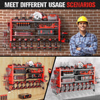 Heavy Duty Power Tool Organizer Wall Mount with Charging Station, Large Garage Organization with 10 cordless Drill Holder, 4 Layers Tool Organizers and Storage, Tool Rack with 6 Power Strip, Red