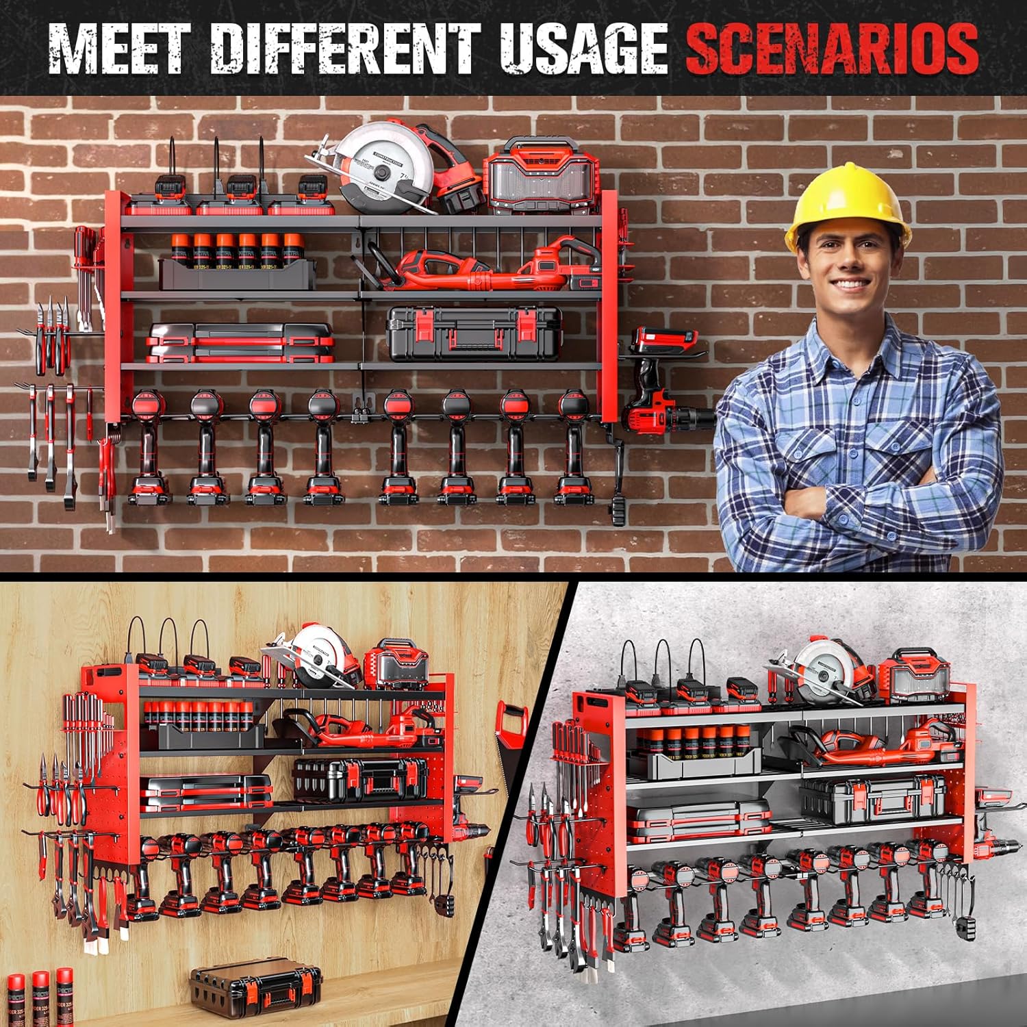 Heavy Duty Power Tool Organizer Wall Mount with Charging Station, Large Garage Organization with 10 cordless Drill Holder, 4 Layers Tool Organizers and Storage, Tool Rack with 6 Power Strip, Red