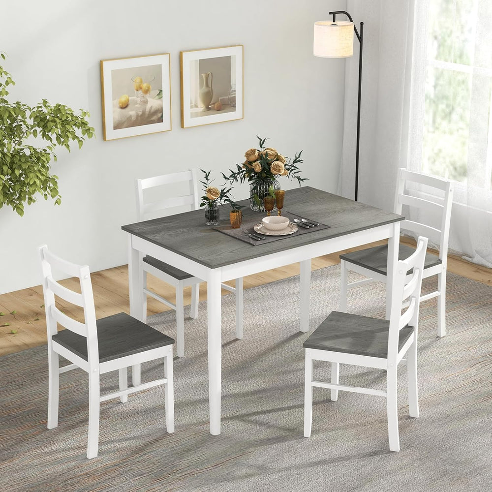 Tangkula Dining Table Set for 4, Farmhouse Solid Wood Dinette Set w/Rubber Wo...